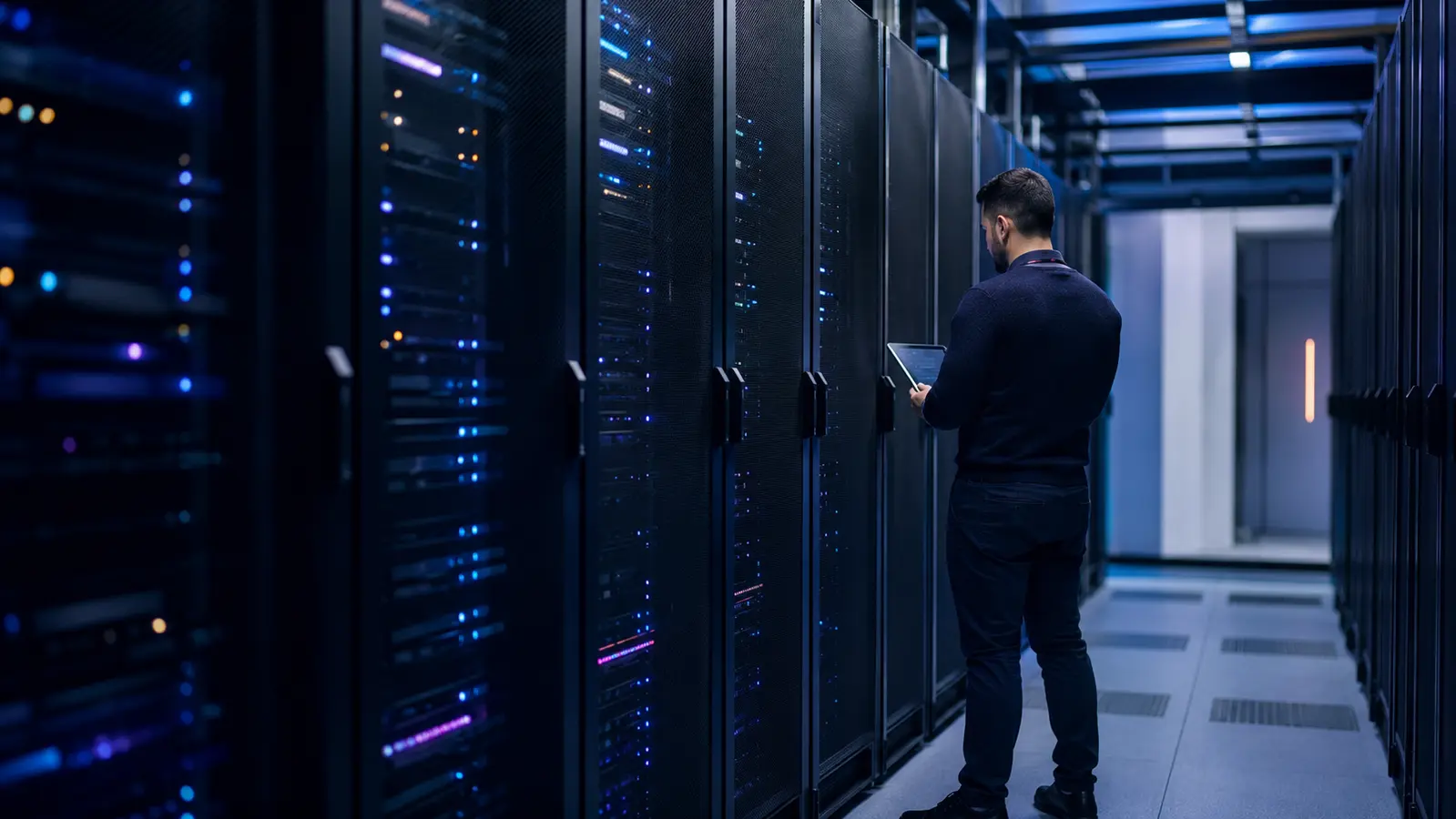 Ingénieur IT intervenant dans un data center moderne